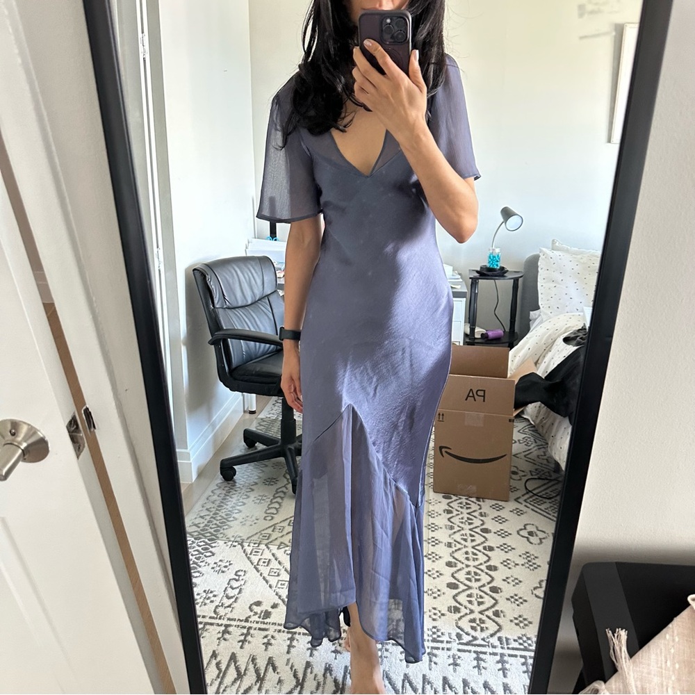 Flutter Sleeve Chiffon and Satin Blue Purple Evening Dress